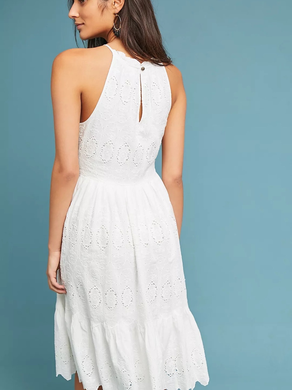 Anthropologie Maeve Tiered White Eyelet Halter Midi Dress - Picture 2 of 11